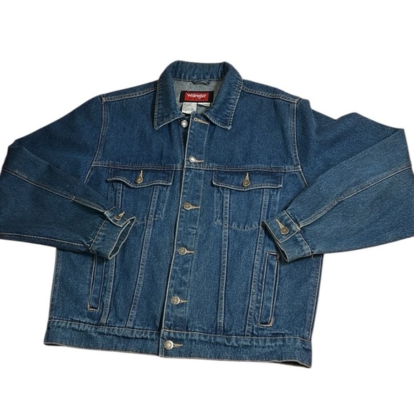 VTG Wrangler Hero Blue Denim Jacket, Custom moose hooves embroidered patch sz M - Picture 2 of 15